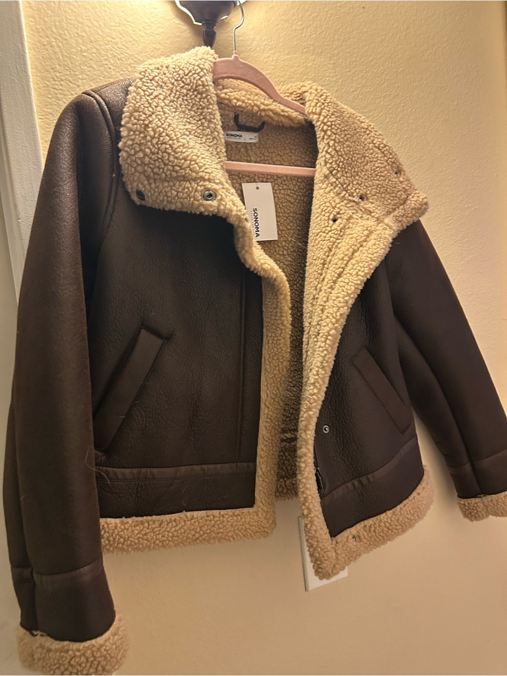 Sonoma Women's Brown Faux-Shearling Pea Coat with Cream Trim